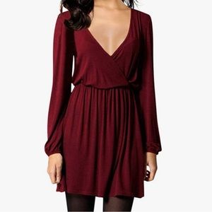 Leadingstar Womens Deep V-Neck Long Sleeve Wrap Skater Dress Burgundy XL